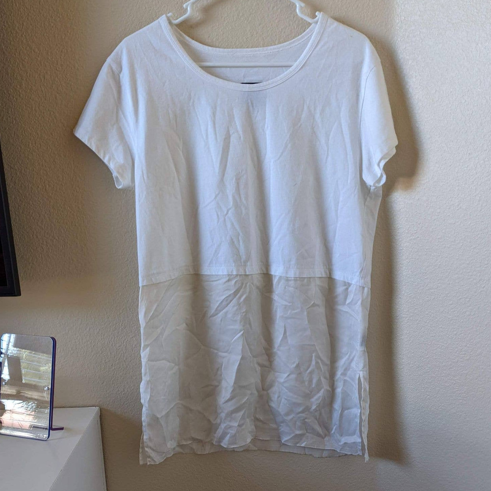 r+a Women's size M Medium White Mixed Media Silk Short Sleeve Top